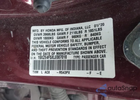 2020 Honda Insight Ex z USA, uszkodzony, nr VIN 19XZE4F5XLE007018